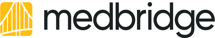 Medbridge logo with black text and a yellow icon with abstract white lines on the left.